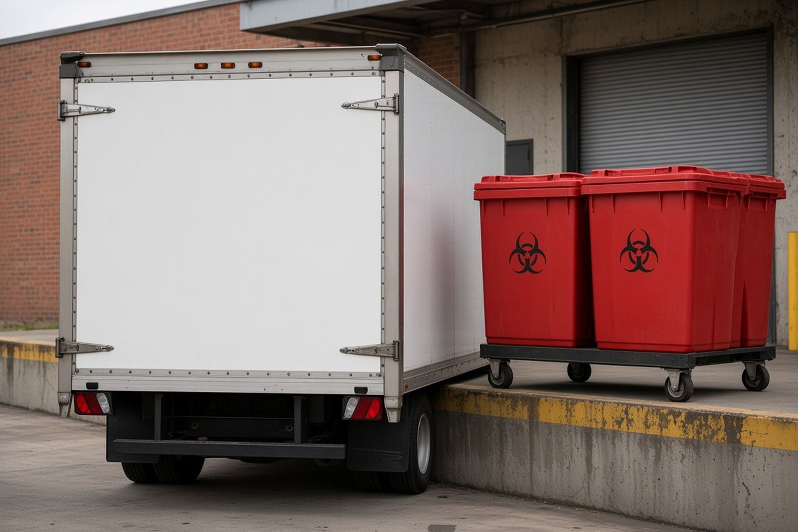 Red biohazard waste bins on a dolly at a loading dock beside an unmarked box truck